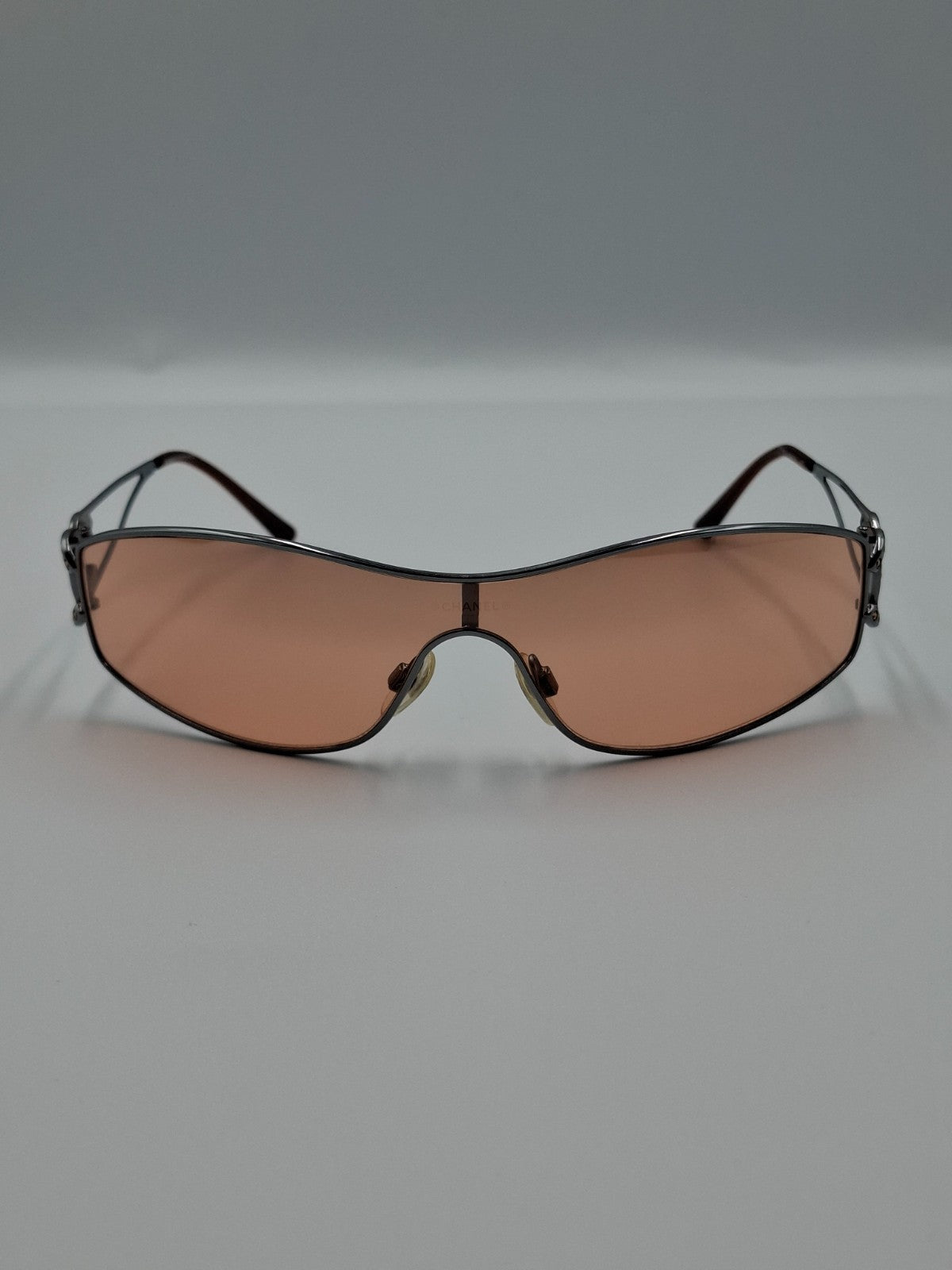 Vintage Y2K Chanel Mask Sunglasses with Crystal CC Logo Orange Lens Pink Shalmon