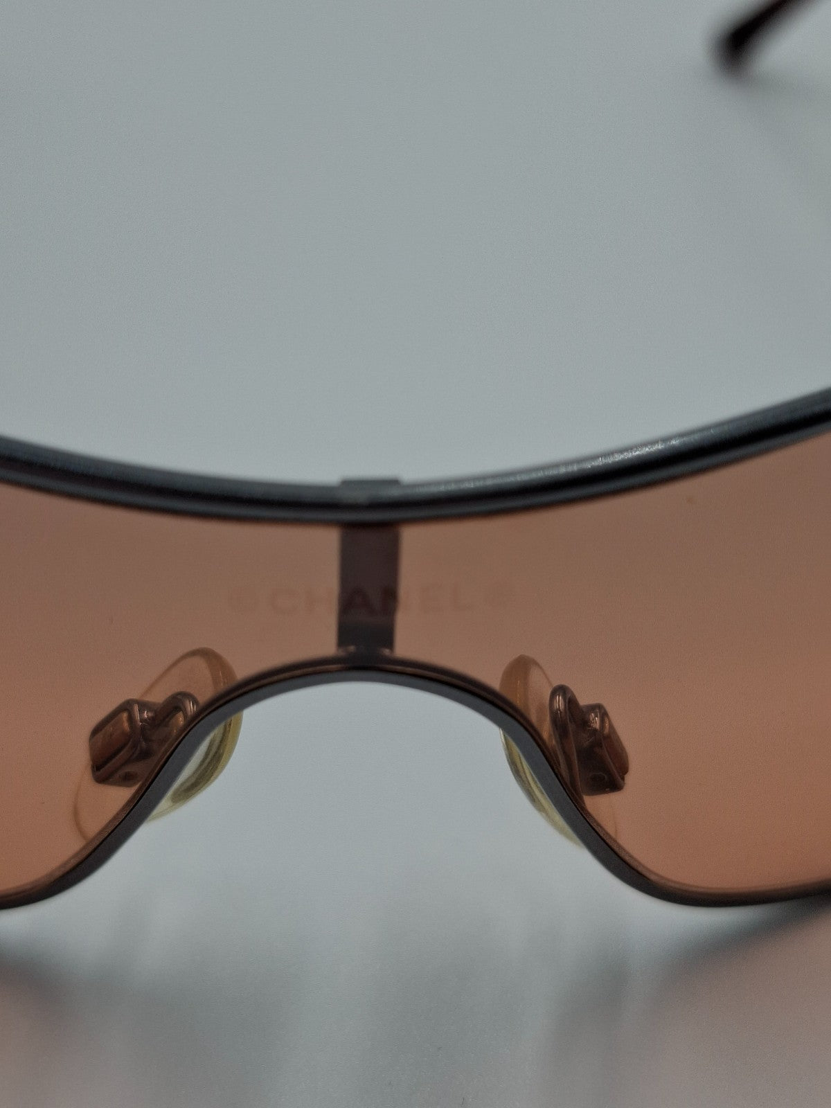 Vintage Y2K Chanel Mask Sunglasses with Crystal CC Logo Orange Lens Pink Shalmon