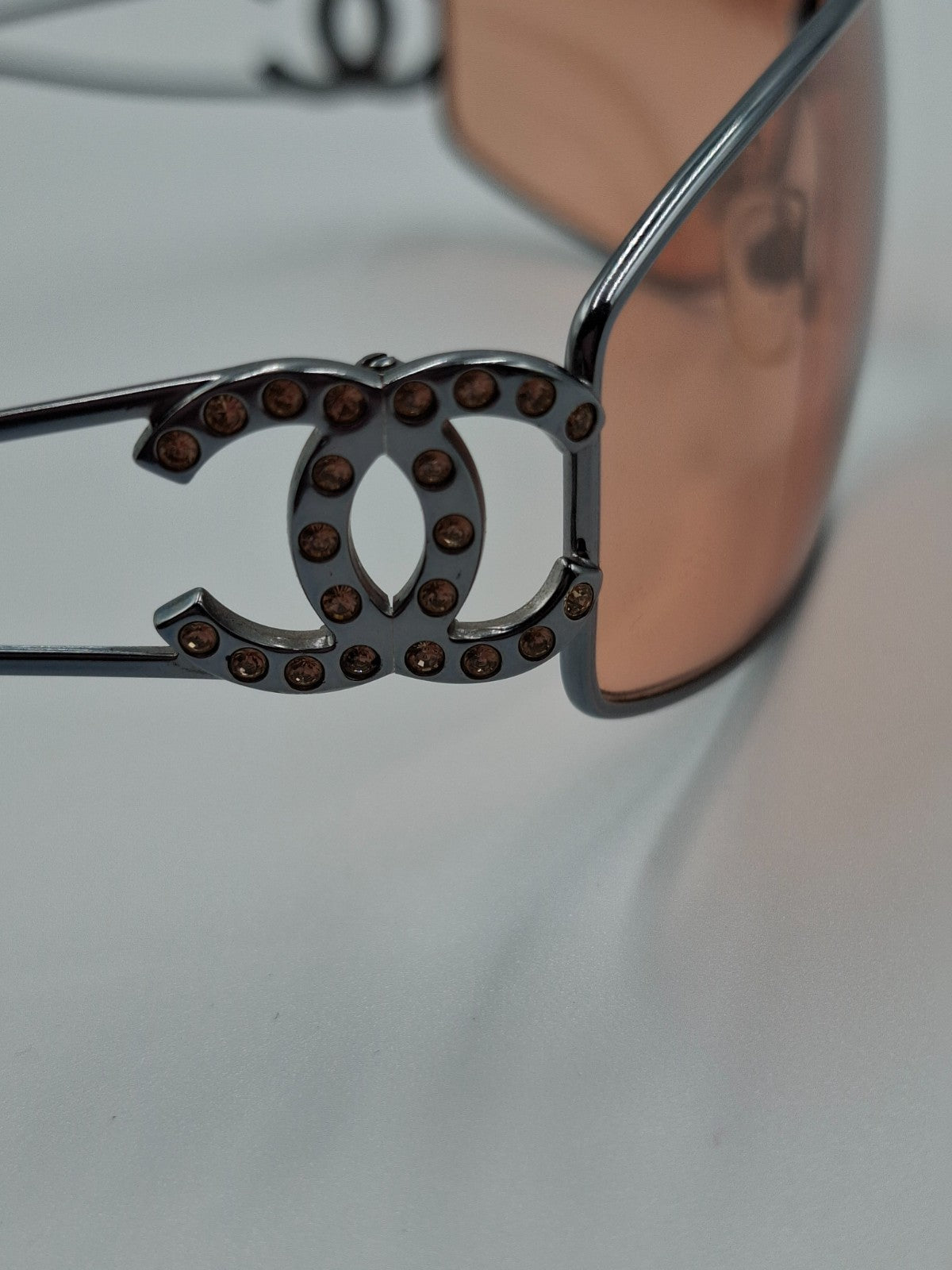 Vintage Y2K Chanel Mask Sunglasses with Crystal CC Logo Orange Lens Pink Shalmon
