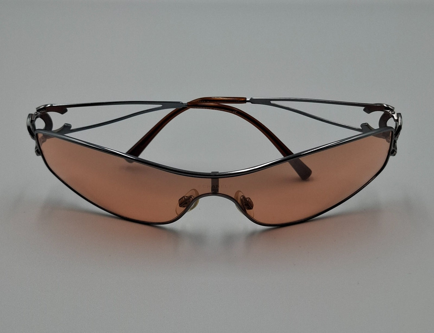 Vintage Y2K Chanel Mask Sunglasses with Crystal CC Logo Orange Lens Pink Shalmon
