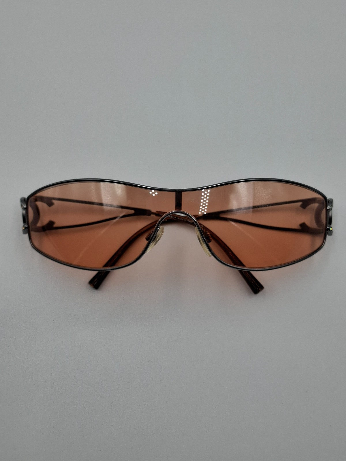 Vintage Y2K Chanel Mask Sunglasses with Crystal CC Logo Orange Lens Pink Shalmon