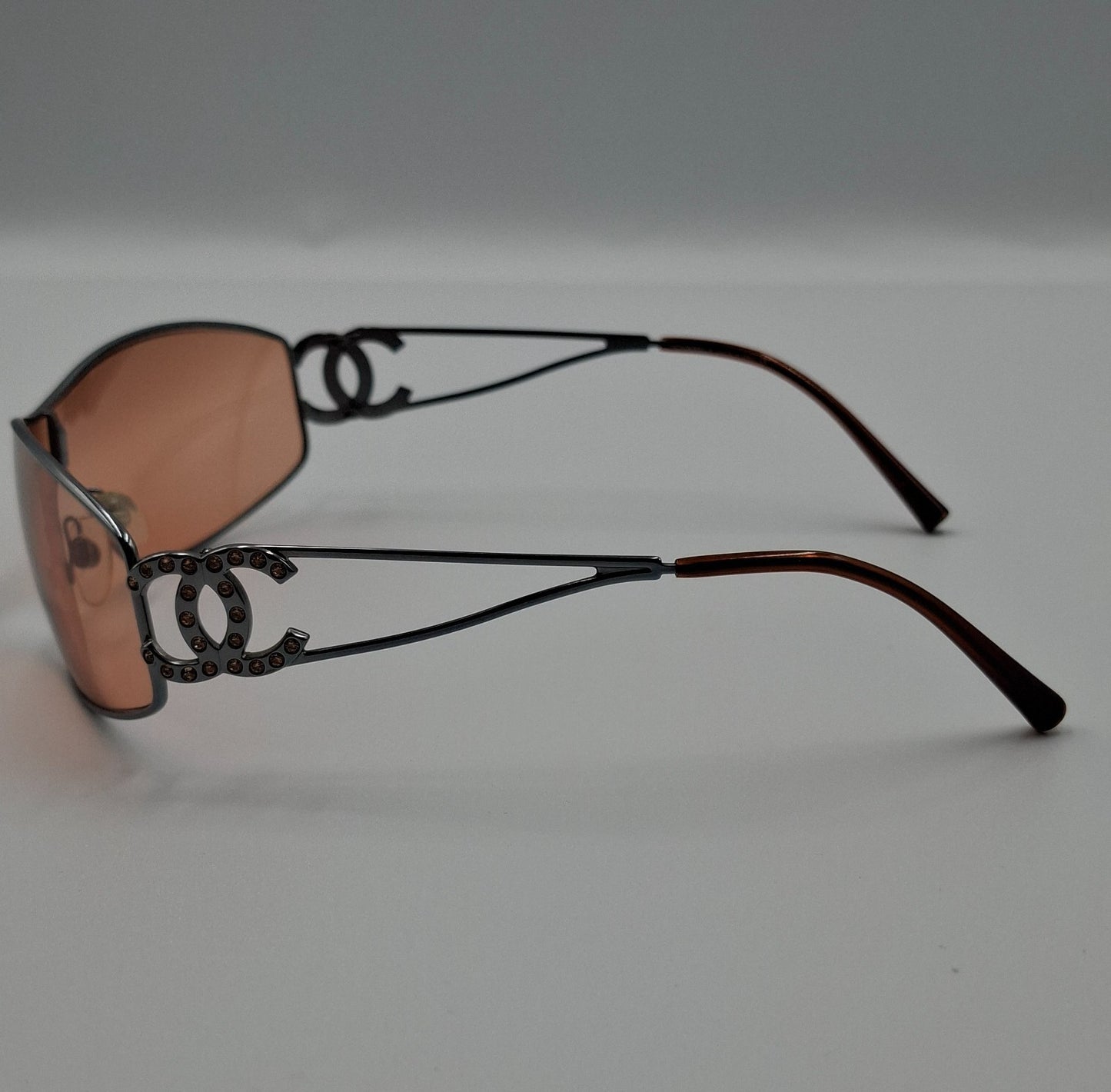 Vintage Y2K Chanel Mask Sunglasses with Crystal CC Logo Orange Lens Pink Shalmon