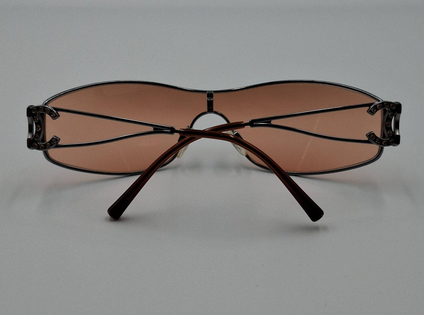 Vintage Y2K Chanel Mask Sunglasses with Crystal CC Logo Orange Lens Pink Shalmon