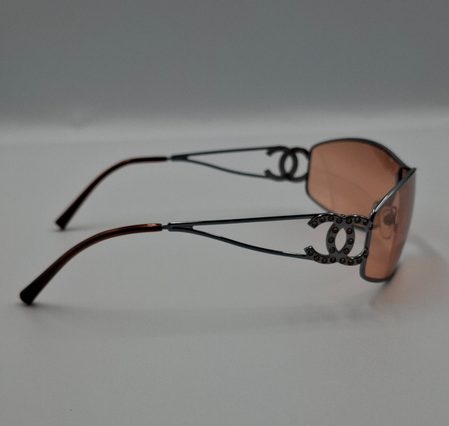 Vintage Y2K Chanel Mask Sunglasses with Crystal CC Logo Orange Lens Pink Shalmon