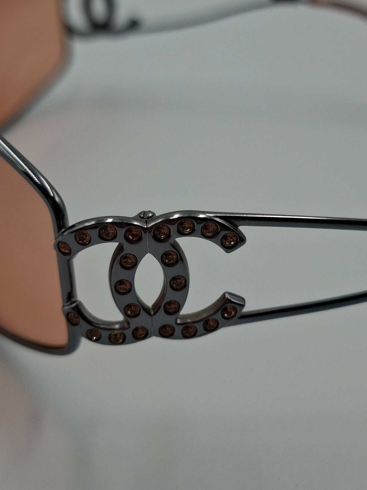 Vintage Y2K Chanel Mask Sunglasses with Crystal CC Logo Orange Lens Pink Shalmon