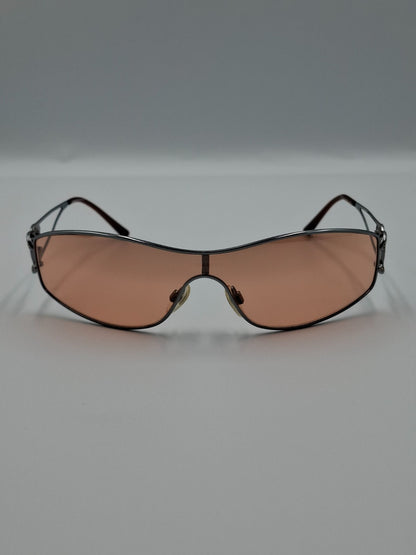 Vintage Y2K Chanel Mask Sunglasses with Crystal CC Logo Orange Lens Pink Shalmon