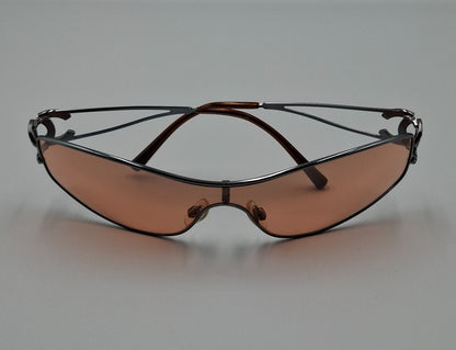Vintage Y2K Chanel Mask Sunglasses with Crystal CC Logo Orange Lens Pink Shalmon