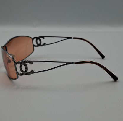 Vintage Y2K Chanel Mask Sunglasses with Crystal CC Logo Orange Lens Pink Shalmon