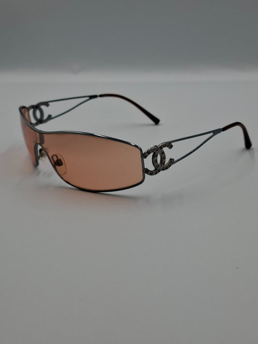 Vintage Y2K Chanel Mask Sunglasses with Crystal CC Logo Orange Lens Pink Shalmon