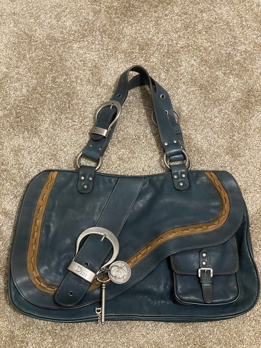 Vintage Dior Gaucho Shoulder Bag Blue Leather 06-MA-0046 Y2K